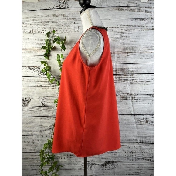 Alfani Sleeveless Blouse Tank size 6 Coral Crepe Faux Black Leather Gold Career - Picture 9 of 10